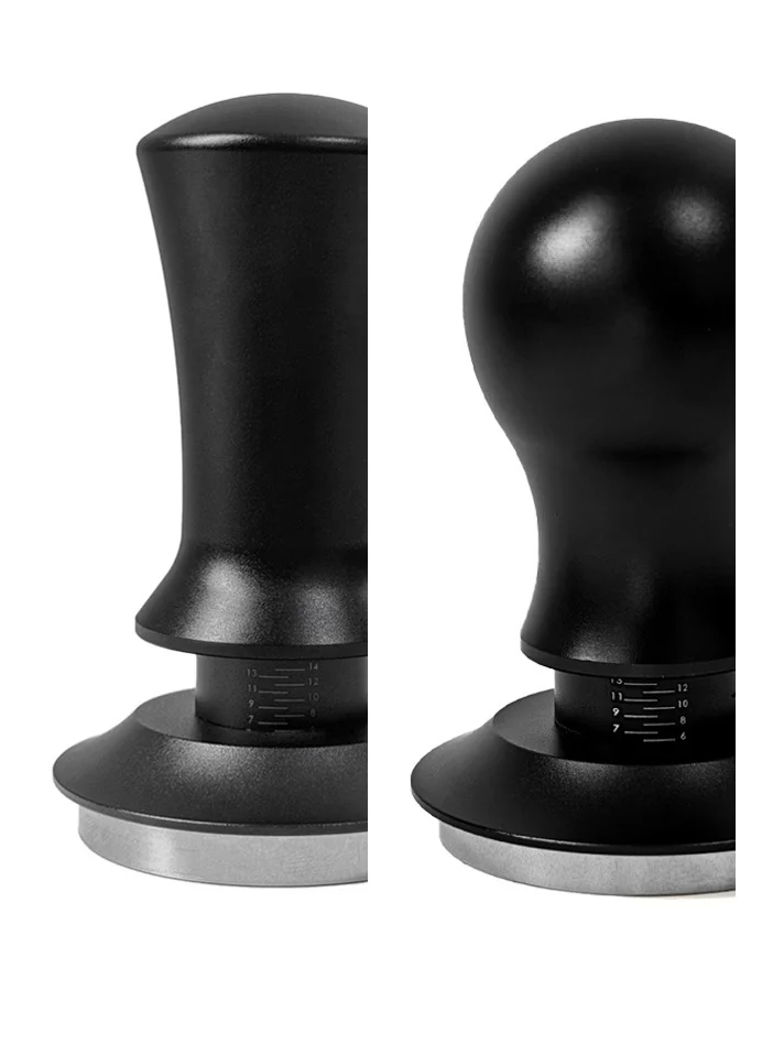 Two coffee tampers side by side, one straight tapered handle and one rounded bulb handle
