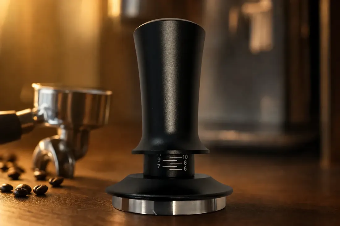 Black calibrated espresso tamper on a bar counter beside a portafilter