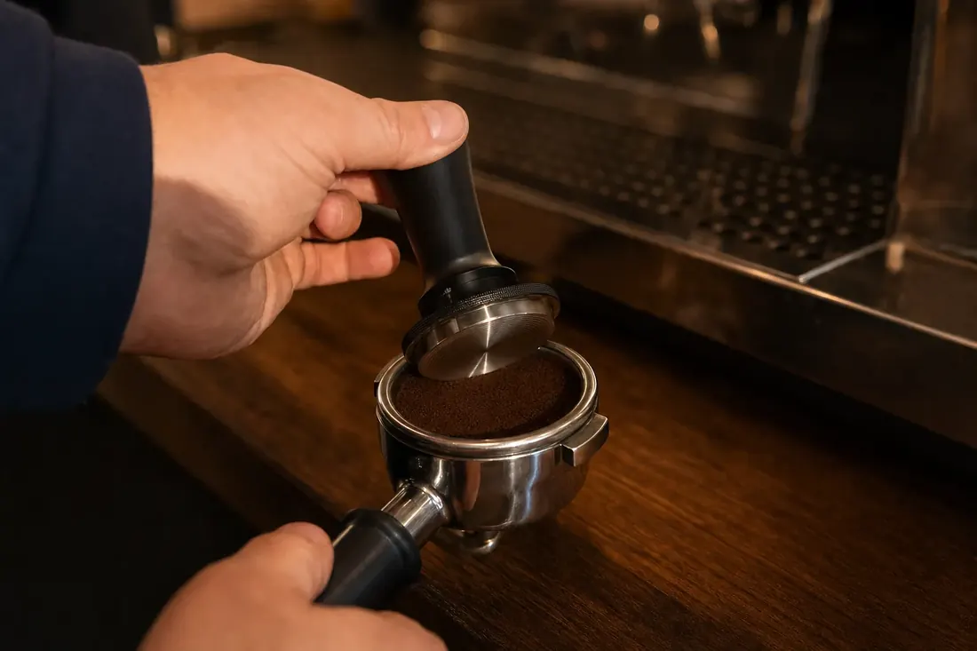 Hand pressing a calibrated tamper into a portafilter of dosed coffee