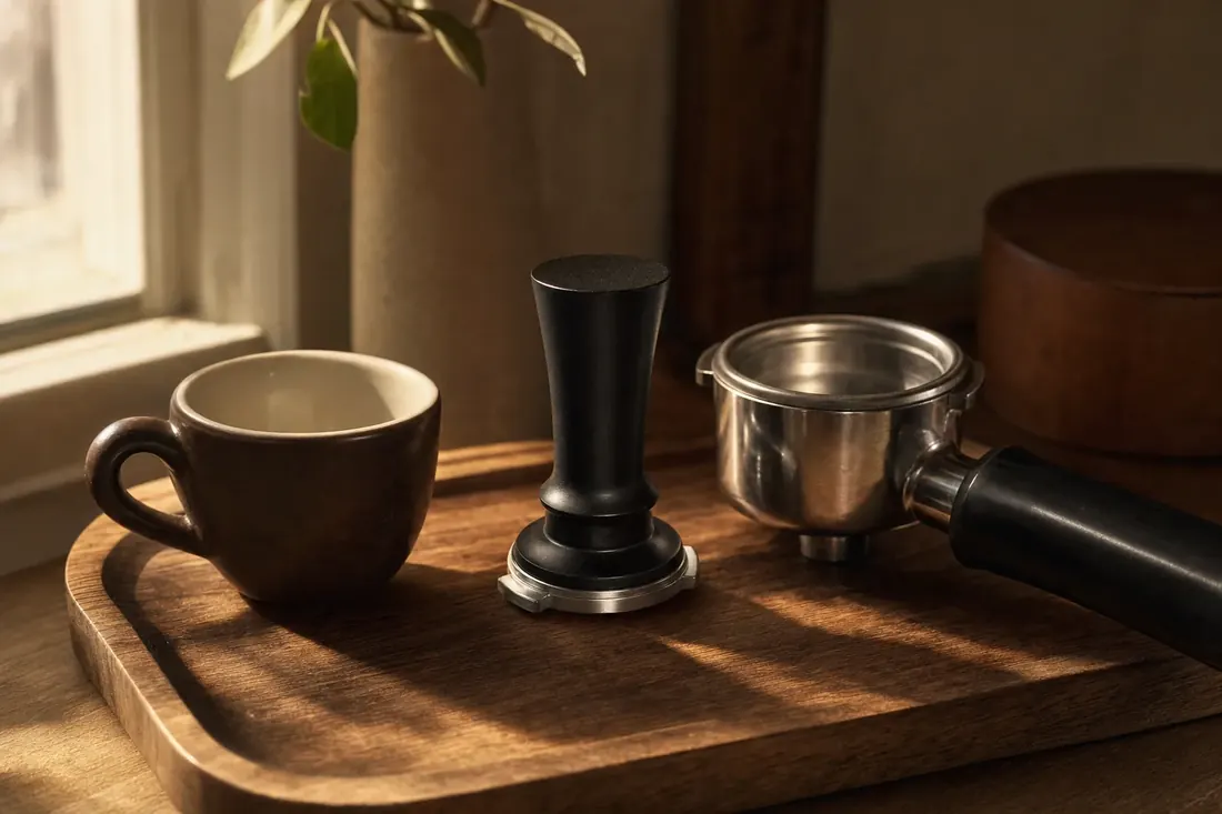 Coffee tamper resting on a wooden board next to an espresso cup and a portafilter