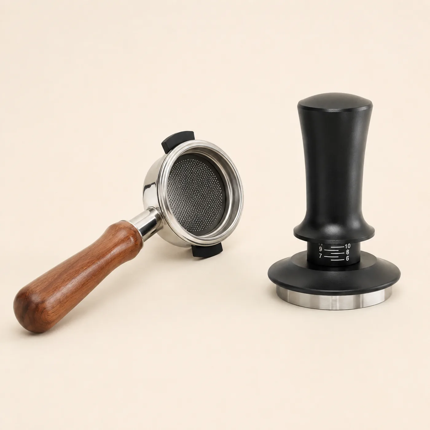 Tampden bottomless portafilter with a rosewood handle beside the calibrated tamper, its depth collar marked with graduations