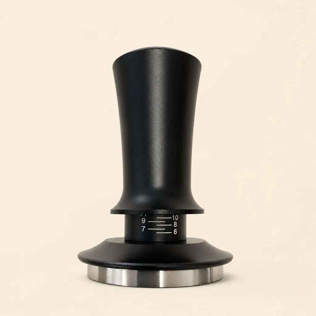 Calibrated coffee tamper on a plain background, matte black handle and polished stainless base