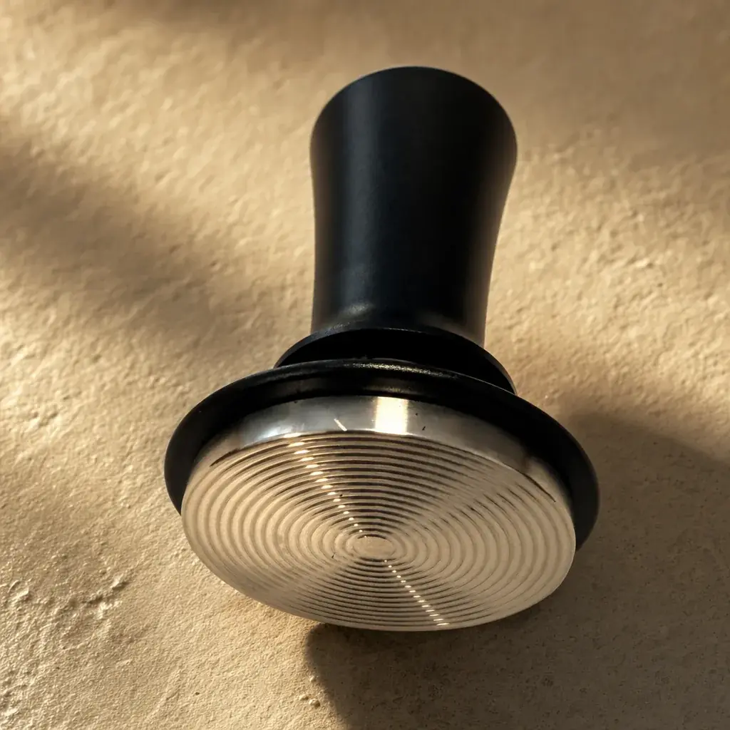 Close-up of the stainless steel ripple base of an espresso tamper